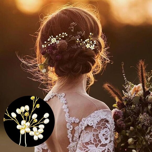 ?Women Gold Hair Comb and 4 Pins Bridal Pearl Crystal Wedding Hair Comb main image 6